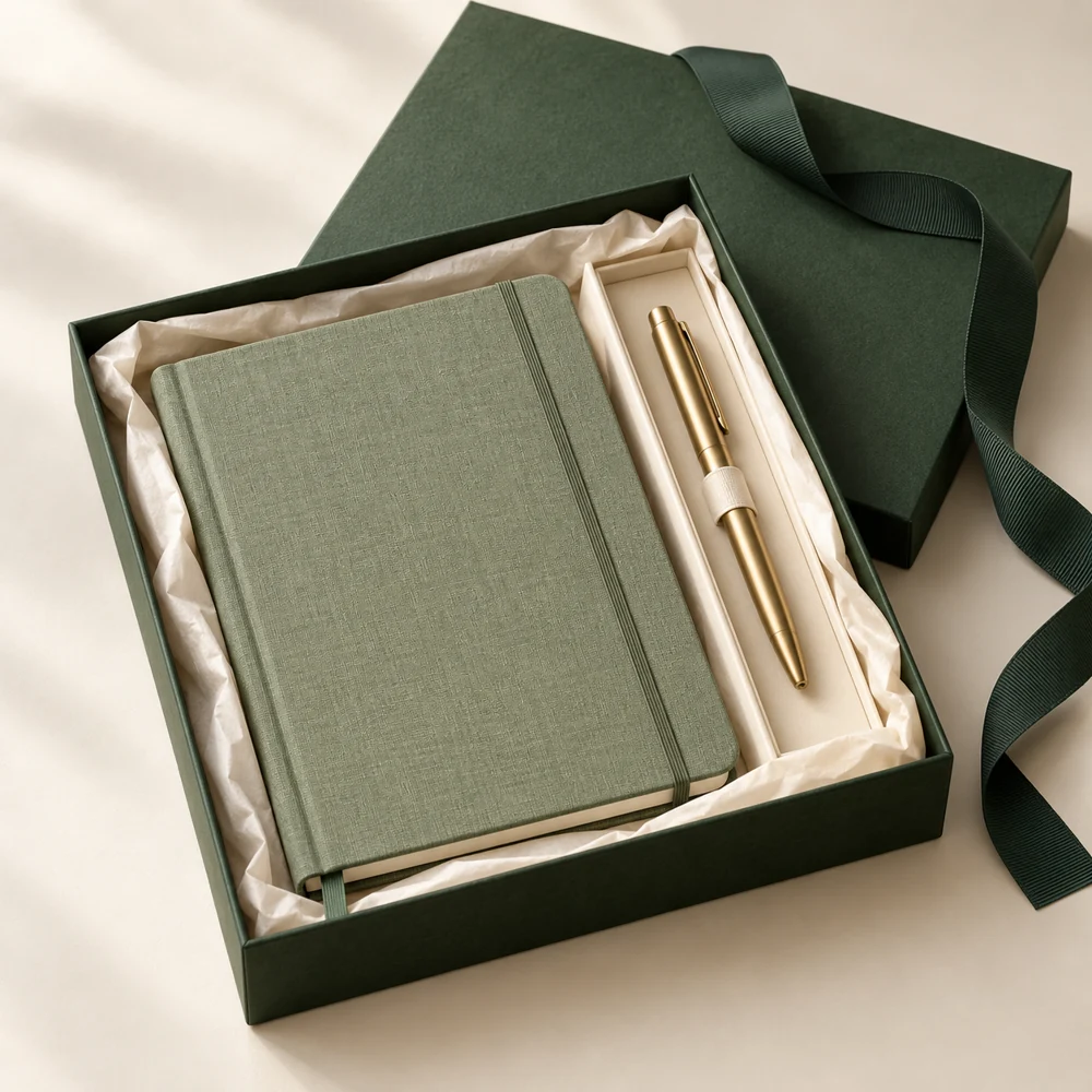 An open forest-green gift box with a sage notebook and brass pen