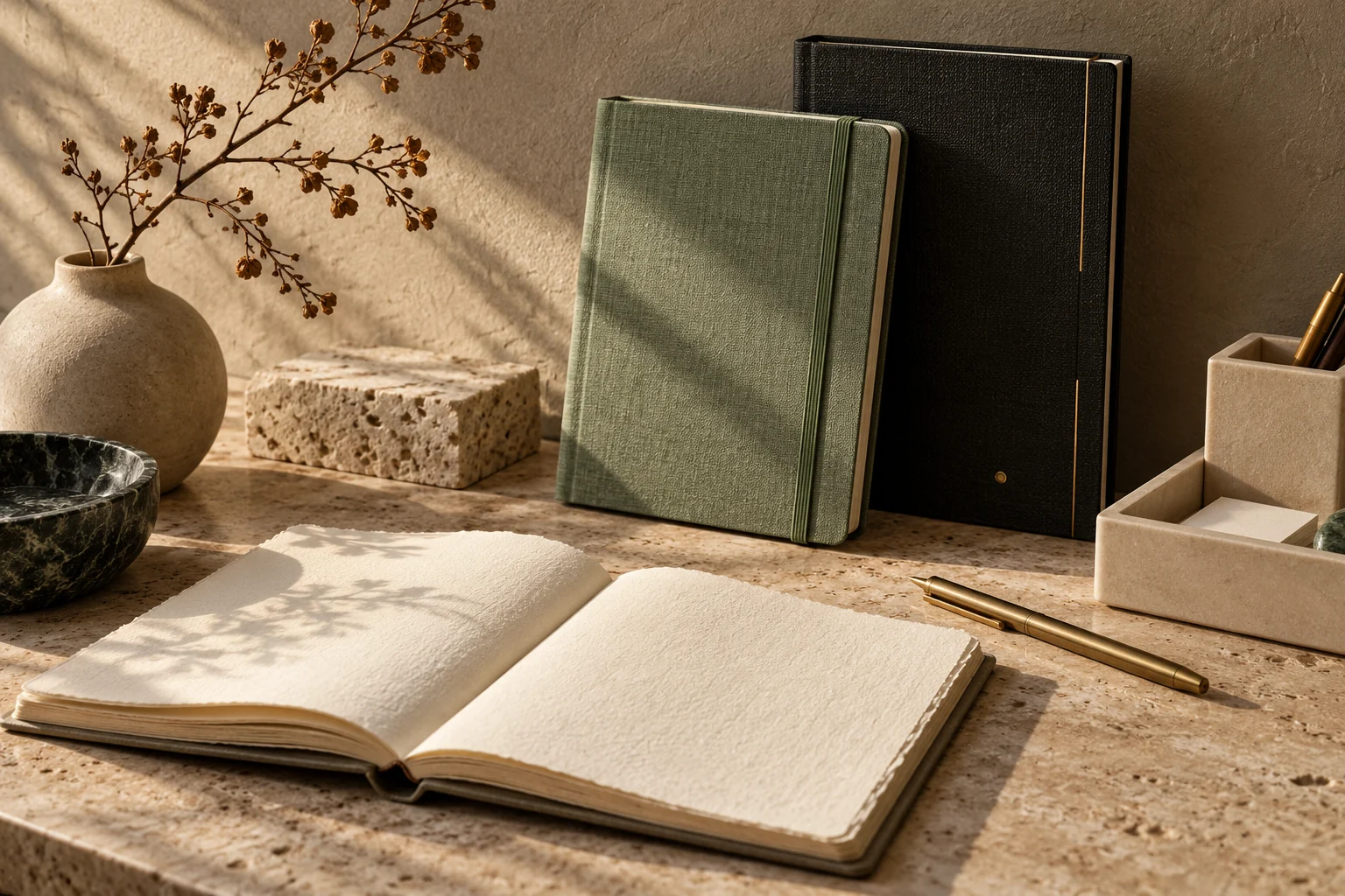 Sage and midnight journals, a brass pen and an ivory organiser on a sunlit stone desk